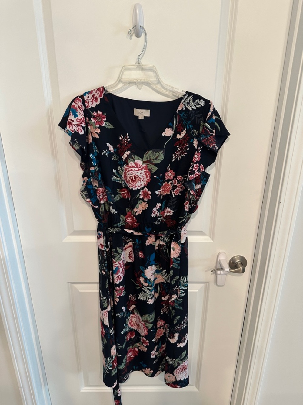 LOFT Navy Floral Midi Dress with Pink Floral